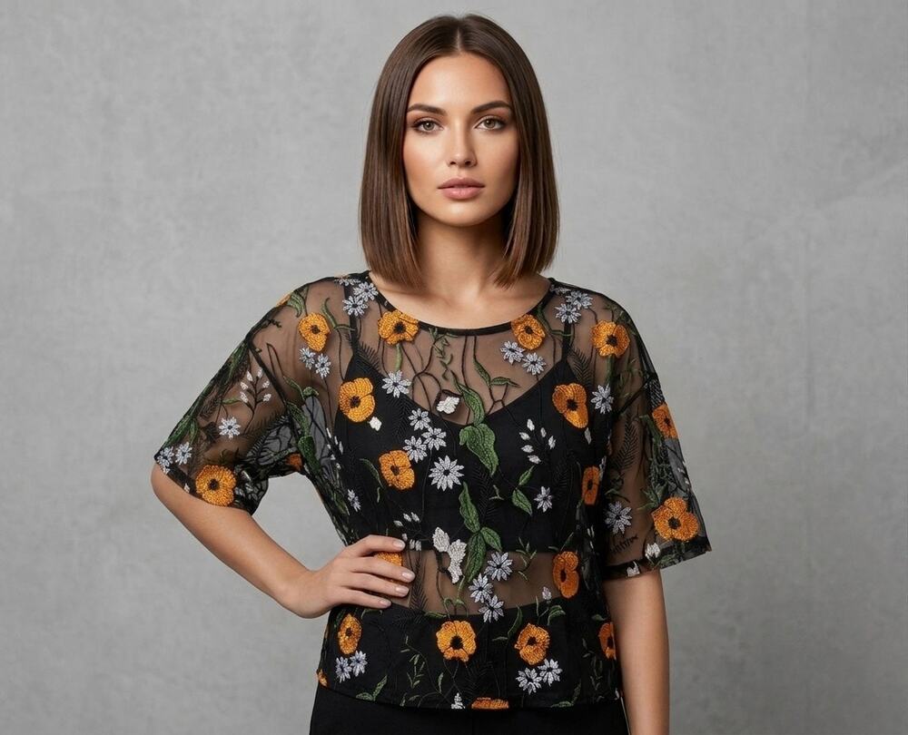 Floral Embroidered Mesh Top Black Sheer Short Sleeve Blouse Boho Festival Cute